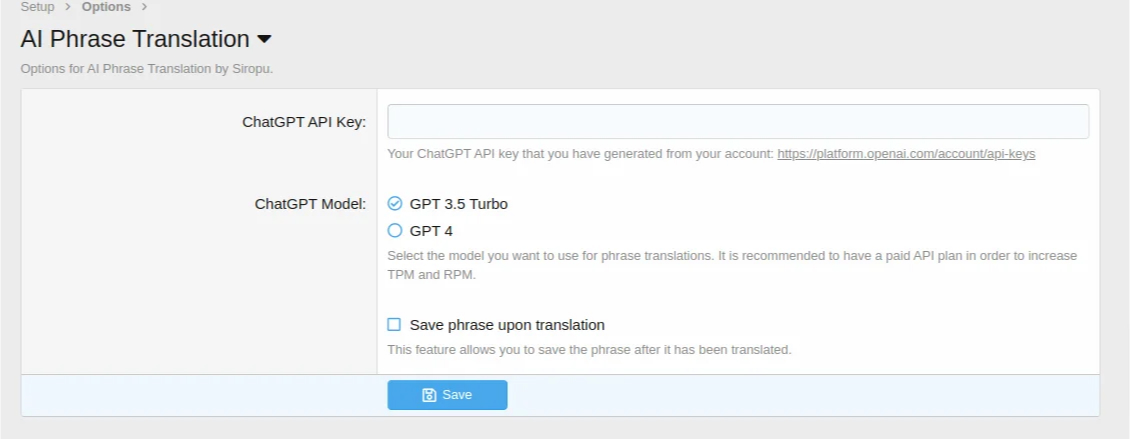 AI Phrase Translation  Admin control panel