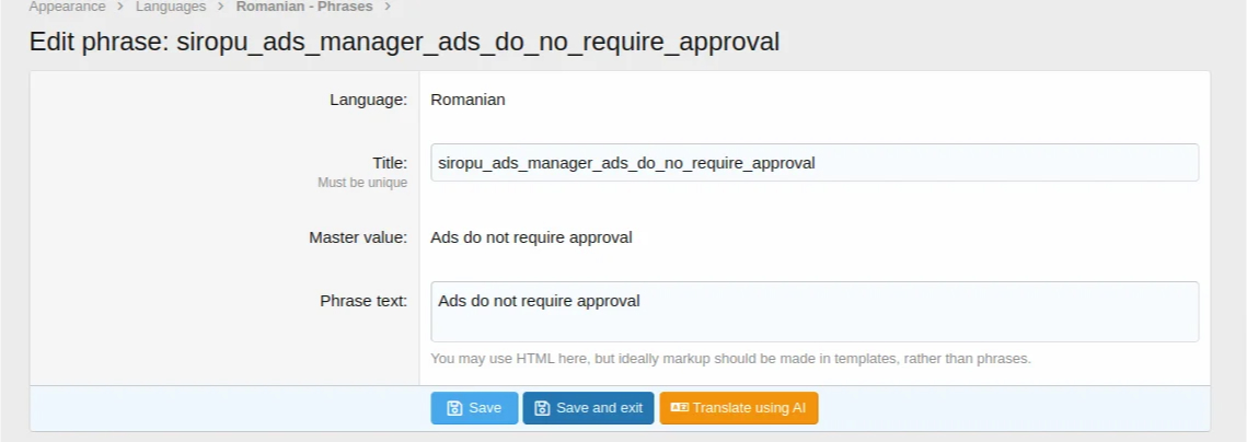 Edit phrase XenForo Admin control panel